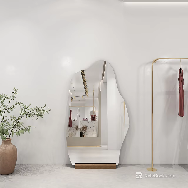 Irregular Shaped Mirror On White Wall With Golden Clothes Rack Red Clothes And Green Plant 3d model 