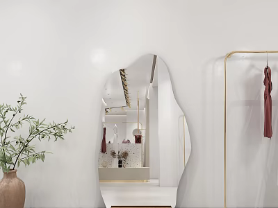 Irregular Shaped Mirror On White Wall With Golden Clothes Rack Red Clothes And Green Plant 3d model