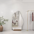 Irregular Shaped Mirror On White Wall With Golden Clothes Rack Red Clothes And Green Plant