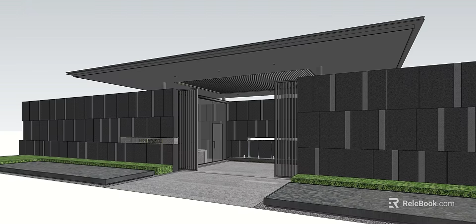 Modern Entrance Gate With Sleek Design Black Wall Glass Canopy And Green Plants 3d model 
