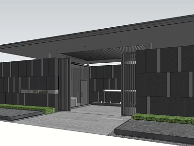 Modern Entrance Gate With Sleek Design Black Wall Glass Canopy And Green Plants 3d model