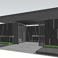 Modern Entrance Gate With Sleek Design Black Wall Glass Canopy And Green Plants