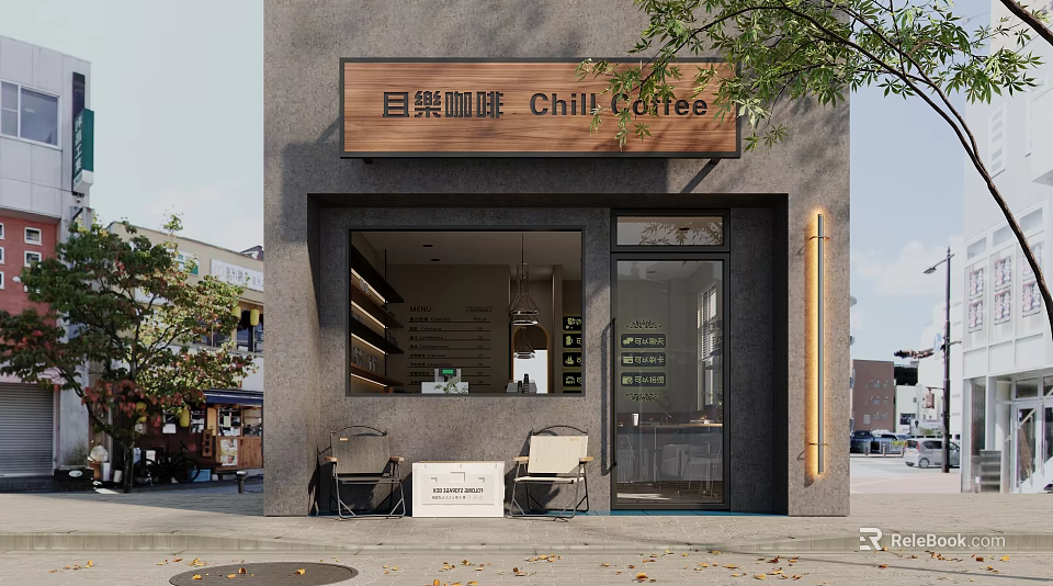 Chill Coffee Shop Exterior With Modern Glass Facade Outdoor Seating And Street Greenery 3d model 