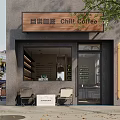 Chill Coffee Shop Exterior With Modern Glass Facade Outdoor Seating And Street Greenery