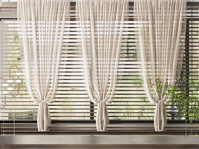 White Curtains With Tie Top Design Against Striped Blinds By Window With Green Plants 3d model