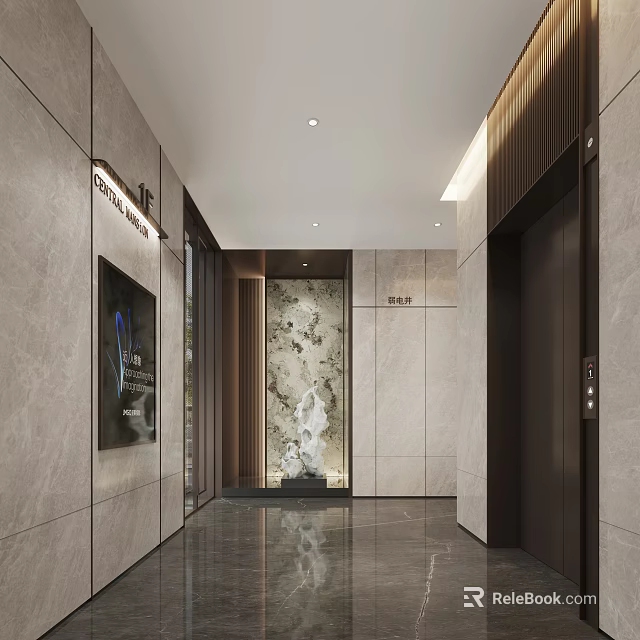 Elegant Modern Elevator Lobby Design With Marble Wall Polished Floor And Elevator Doors 3d model