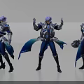 Male Character in Three Different Poses with Blue and White Armor and Ornate Cloaks