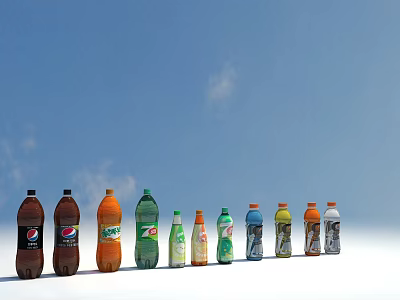 Assorted Beverage Bottles With Different Brands And Colors Arranged In Row Against Blue Sky 3d model