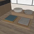 Wooden Tea Table With Blue And Gray Cushions For Minimalist Room Design
