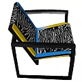 Modern Accent Chair With Geometric Pattern Upholstery Yellow Blue Trim And Black Metal Frame