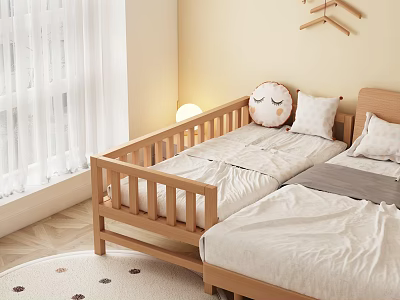 Wooden Children's Bed With Safety Rails Soft Mattress And Decorative Pillows In Bright Room With Curtains 3d model