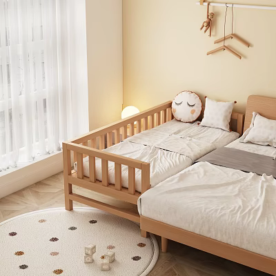 Wooden Children's Bed With Safety Rails Soft Mattress And Decorative Pillows In Bright Room With Curtains 3d model