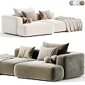 Modern Sectional Sofa with Beige Upholstery Decorative Pillows Round Bolsters and Knit Blanket