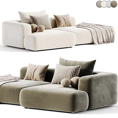 Modern Sectional Sofa with Beige Upholstery Decorative Pillows Round Bolsters and Knit Blanket 3d model