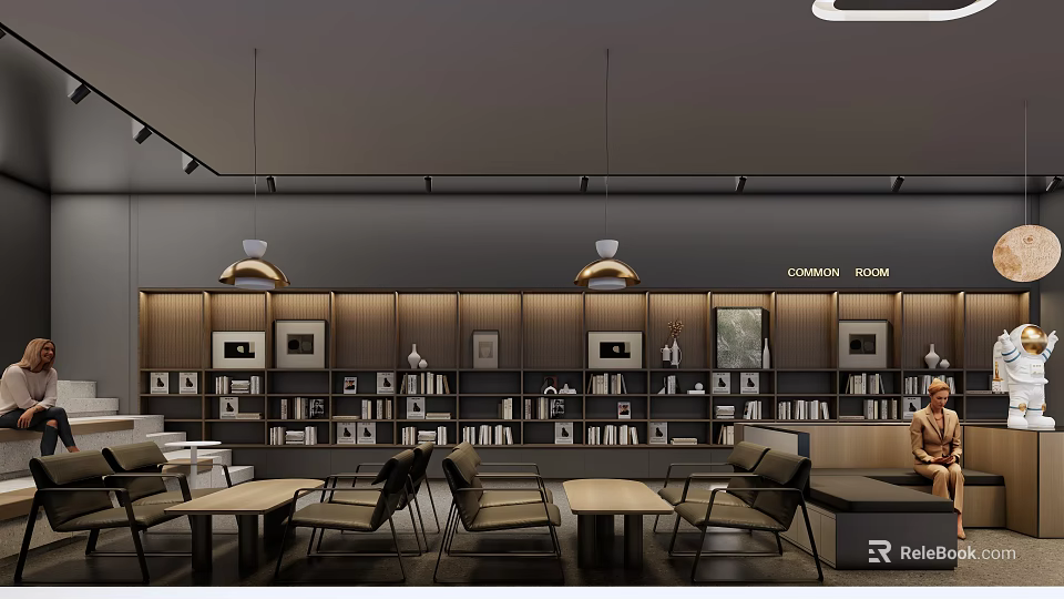Modern Cafe Interior Design With Wooden Bookshelves And Pendant Lights 3d model 