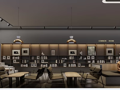 Modern Cafe Interior Design With Wooden Bookshelves And Pendant Lights 3d model
