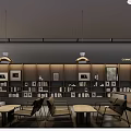 Modern Cafe Interior Design With Wooden Bookshelves And Pendant Lights