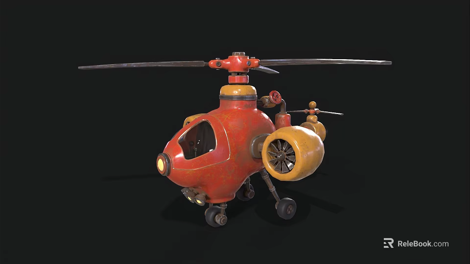 Vintage Red And Yellow Helicopter Toy Model With Rotors And Wheels 3d model 