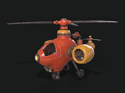 Vintage Red And Yellow Helicopter Toy Model With Rotors And Wheels 3d model