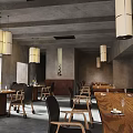 Industrial Style Restaurant Interior With Concrete Walls Wooden Tables And Pendant Lights