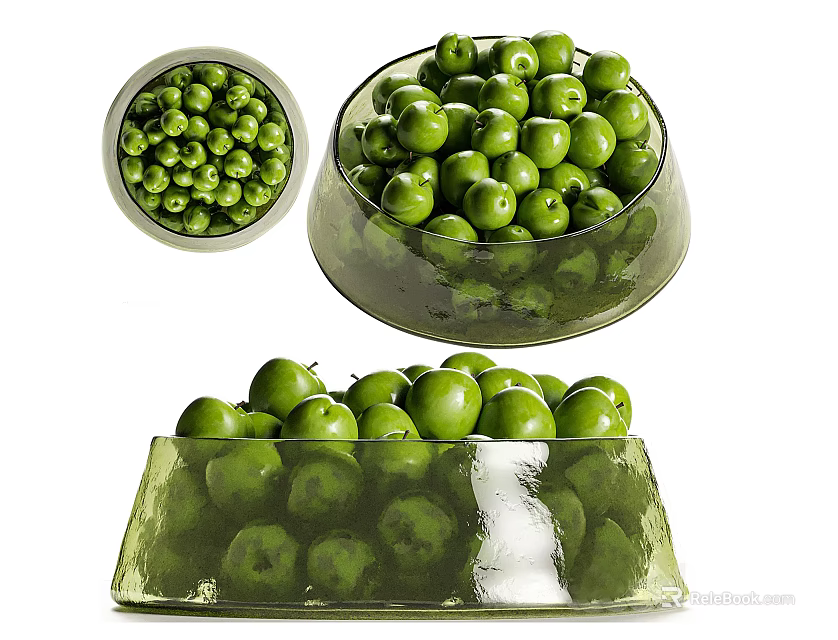 Ceramic Bowls Filled With Fresh Green Fruits In Various Shapes And Designs 3d model 