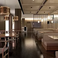 Modern Restaurant Interior With Wooden Furniture Long Tables Hanging Lamps And Herringbone Floors