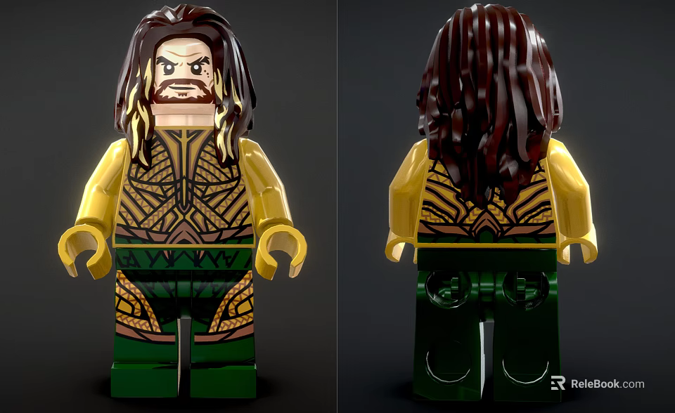 Building Block Figure with Front Back View Long Hair Yellow Top Green Pants Decorative Patterns 3d model 