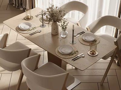 Elegant Beige Dining Table Set With Dried Flowers Vase Candles And Tableware In Bright Room 3d model