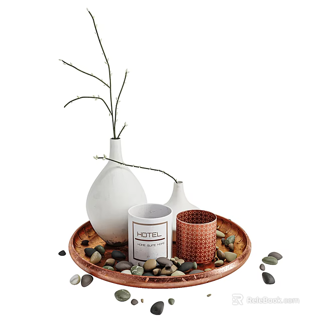 Decorative Ornament Set With White Vases Hotel White Cup Red Cup Copper Tray Pebbles Twigs 3d model 