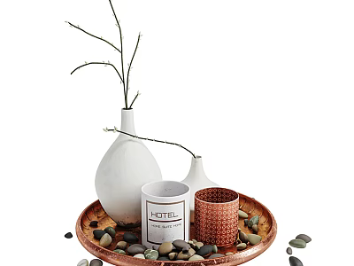 Decorative Ornament Set With White Vases Hotel White Cup Red Cup Copper Tray Pebbles Twigs 3d model