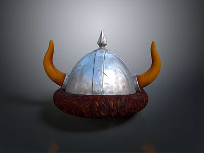 Ornate Silver Metal Viking Helmet with Curved Horns and Fur Trimmed Base 3d model