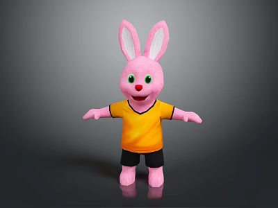 Pink Rabbit Plush Toy Wearing Yellow Shirt And Black Shorts Standing On Gray Background 3d model
