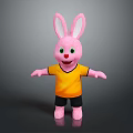 Pink Rabbit Plush Toy Wearing Yellow Shirt And Black Shorts Standing On Gray Background