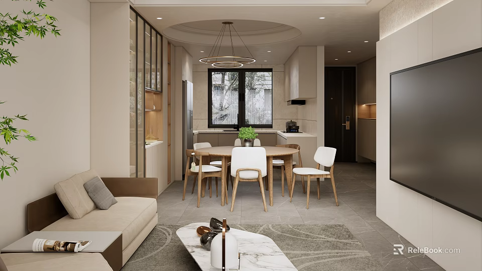 Modern Living and Dining Room Interior With Open Layout Sofa Coffee Table Dining Table And Chandelier 3d model 