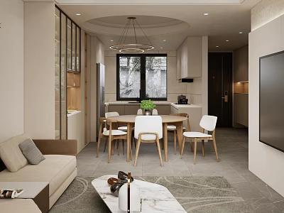 Modern Living and Dining Room Interior With Open Layout Sofa Coffee Table Dining Table And Chandelier 3d model