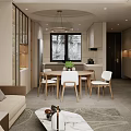 Modern Living and Dining Room Interior With Open Layout Sofa Coffee Table Dining Table And Chandelier