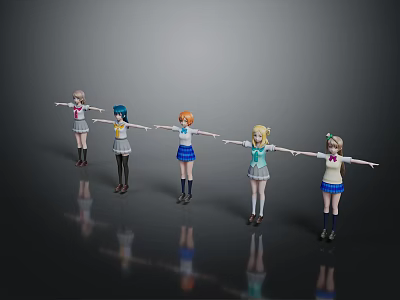 Anime Style Game Movie Characters in School Uniforms Standing with Arms Outstretched 3d model