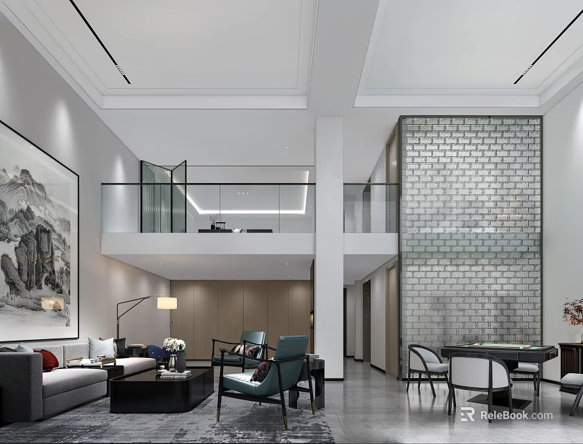 Modern Basement Interior Design With Open Layout Living Area Sofa And Coffee Table 3d model