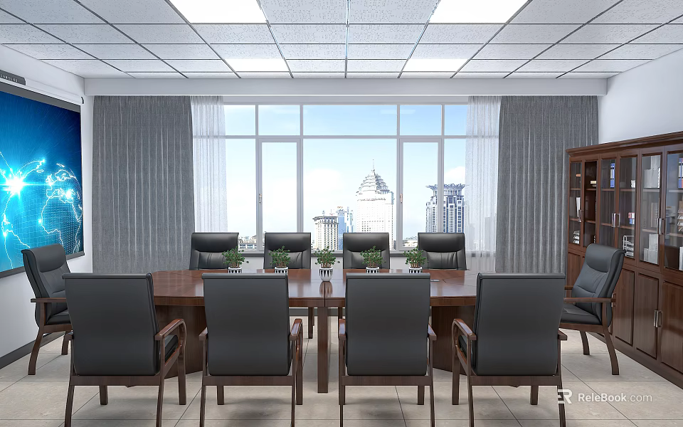 Modern Conference Room With Large Wooden Table Black Chairs And City View Windows 3d model 