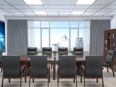 Modern Conference Room With Large Wooden Table Black Chairs And City View Windows 3d model