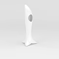 Tech Exhibition Hall Showcasing Modern White Sculpture With Circular Hole And Streamlined Design