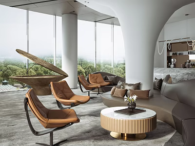 Modern Lounge Area With Floor to Ceiling Windows Brown Leather Chairs Round Coffee Table Sofa 3d model