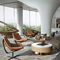 Modern Lounge Area With Floor to Ceiling Windows Brown Leather Chairs Round Coffee Table Sofa