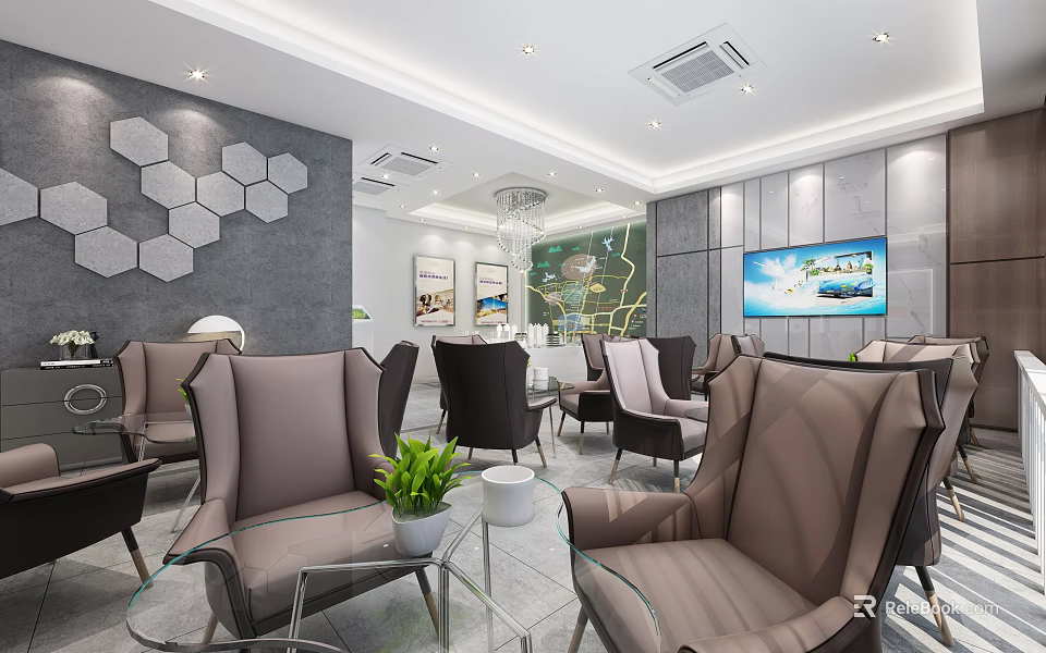 Elegant Modern Sales Office Interior With Comfortable Chairs Green Plants Decorative Wall And TV Screen 3d model 