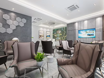 Elegant Modern Sales Office Interior With Comfortable Chairs Green Plants Decorative Wall And TV Screen 3d model