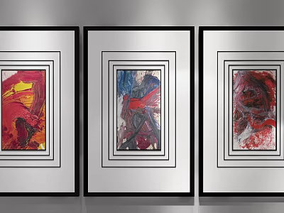 Three Framed Abstract Paintings With Vibrant Colors Artistically Displayed On Wall 3d model