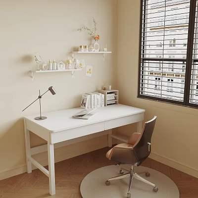 White Desk Setup With Desk Lamp Chair And Wall Shelves Near Window Blinds 3d model