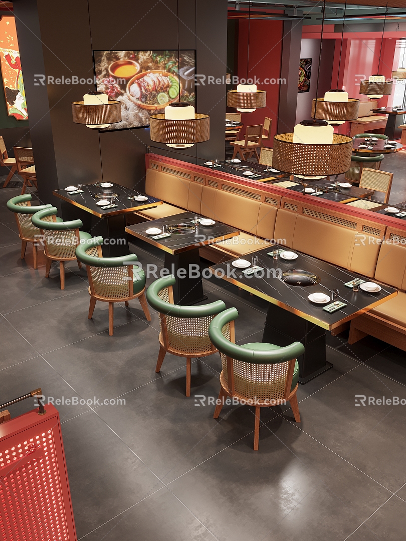 New Chinese-style Hot Pot Shop Hot Pot Restaurant Chinese Restaurant Dining Table and Chair Combination Hot Pot Card Seat Sofa Chinese-style Dining Chair or Boiler Integrated Table Rattan-weaving Dining Chair Tableware 3d model