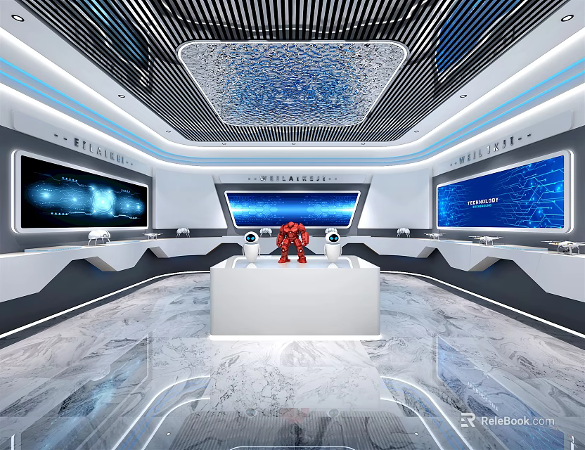 Modern Tech Exhibition Hall With Large Screens Red Robot White Platform And Marble Floor 3d model