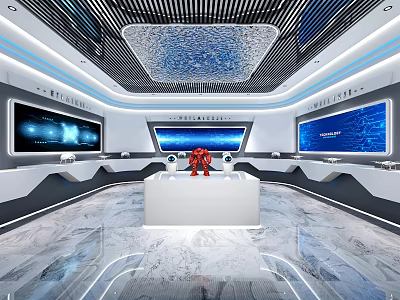 Modern Tech Exhibition Hall With Large Screens Red Robot White Platform And Marble Floor 3d model